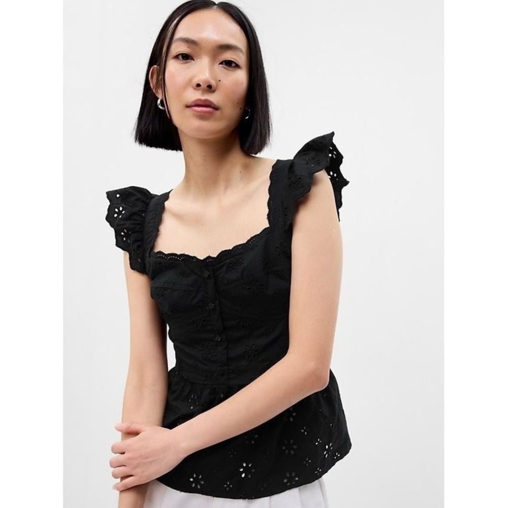 Gap Eyelet Corset Peplum Top Black Size L Sleeveless Preppy Smocked Square Neck